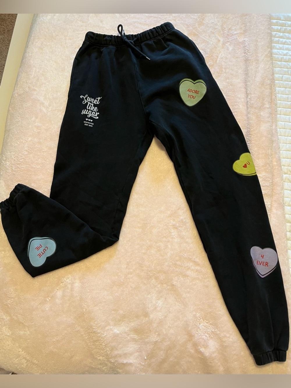 “White Fox” XS PULL-On/elastic waist sweatpants; BLACK with Candy HEART graphics